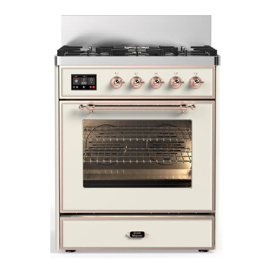 Ilve UM30NR3AWPLP Ilve Um30Nr3Awplp Majestic Iii 30 Inch Dual Fuel Range With 5 Black Brass Burners, Dual Function Burner Up To 25,000 Btu (Liquid Propane, Triple Glass Door, Antique White, Copper)