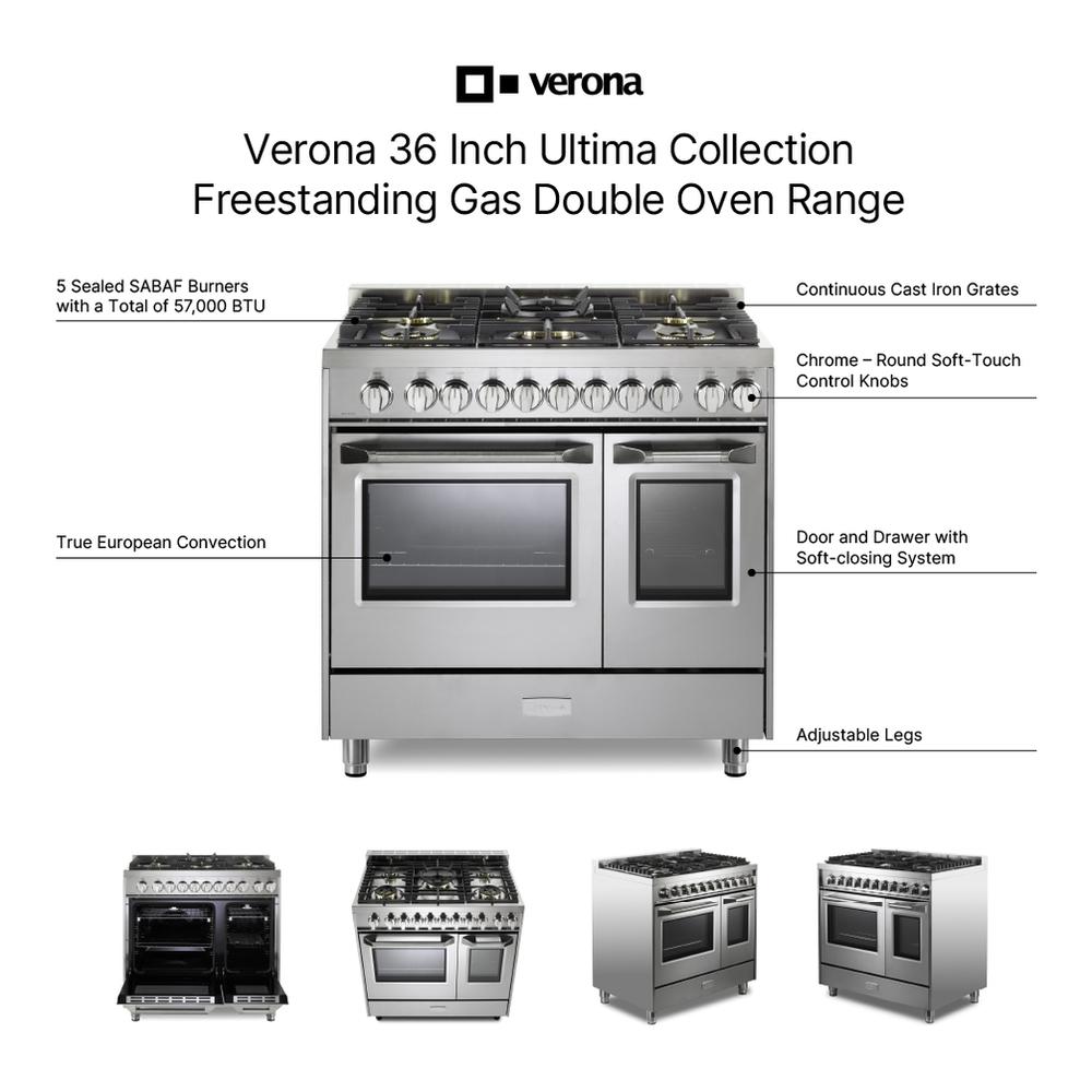 Verona VUFSGG365DSS Verona Vufsgg365Dss 36 Inch Ultima Collection Double Oven Gas Range With 5 Brass Burners, 4.1 Cu. Ft. Oven Total Capacity In Stainless Steel