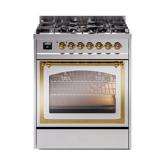 Ilve UN30NMPSSG Ilve Un30Nmpssg Nostalgie Ii Noblesse 30" Dual Fuel Range (Natural Gas, Triple Glass Door, Stainless Steel, Brass)