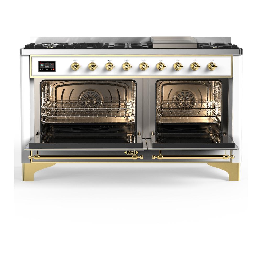 Ilve UM60FNR3WHGLP Ilve Um60Fnr3Whglp Majestic Iii 60 Inch Dual Fuel Range With 9 Burners And Griddle, Dual Function Burner Up To 25,000 Btu (Liquid Propane, Triple Glass Door, White, Brass)