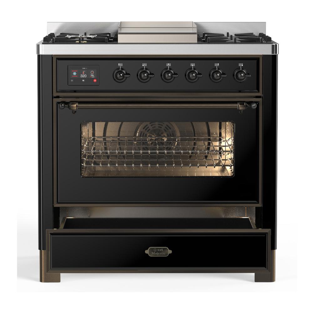 Ilve UM36FNR3BKBLP Ilve Um36Fnr3Bkblp Majestic Iii 36 Inch Dual Fuel Range With 6 Black Brass Burners And Griddle, Dual Function Burner Up To 25,000 Btu (Triple Glass Door, Glossy Black, Burnished, Liquid Propane)