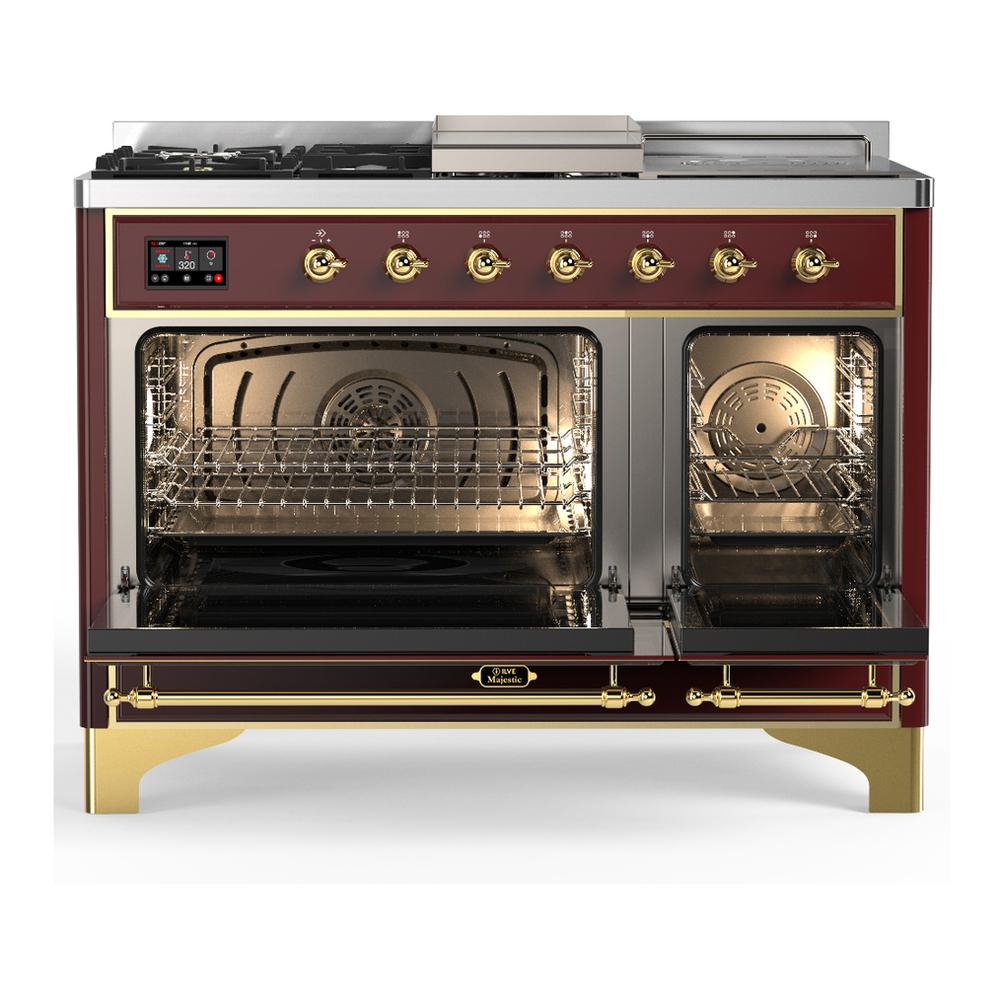 Ilve UM48FSNR3BUGLP Ilve Um48Fsnr3Buglp Majestic Iii 48 Inch Dual Fuel Range With 5 Black Brass Burners, Griddle And French Top, Dual Function Burner Up To 25,000 Btu (Liquid Propane, Triple Glass Door, Burgundy, Brass)