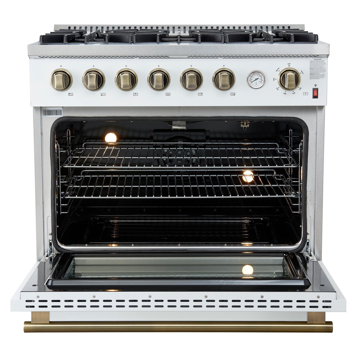 Forno FFSGS627736WHT Marco 36-Inch Gas Range White & Antique Brass Design, 6 Burners 67,000 Btu, 5.36 Cu.Ft. Convection Oven