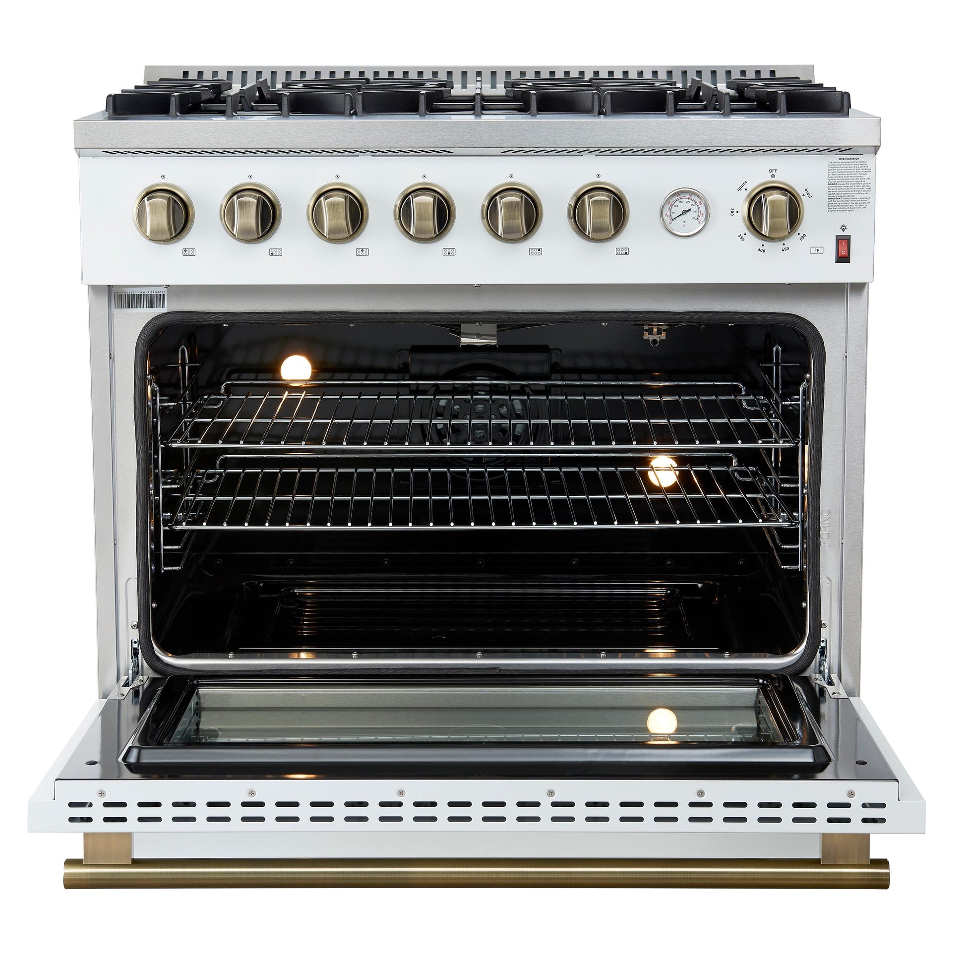 Forno FFSGS627736WHT Marco 36-Inch Gas Range White & Antique Brass Design, 6 Burners 67,000 Btu, 5.36 Cu.Ft. Convection Oven