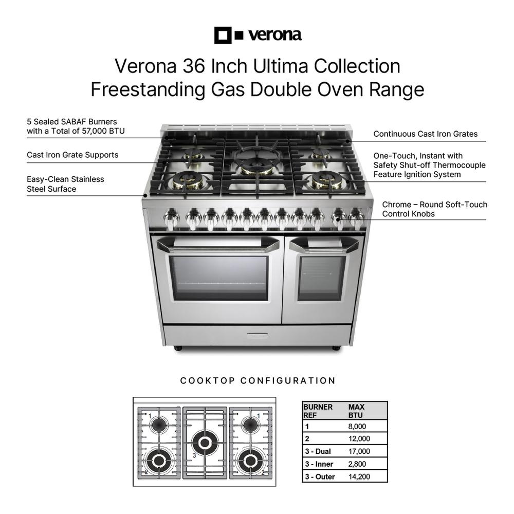 Verona VUFSGG365DSS Verona Vufsgg365Dss 36 Inch Ultima Collection Double Oven Gas Range With 5 Brass Burners, 4.1 Cu. Ft. Oven Total Capacity In Stainless Steel