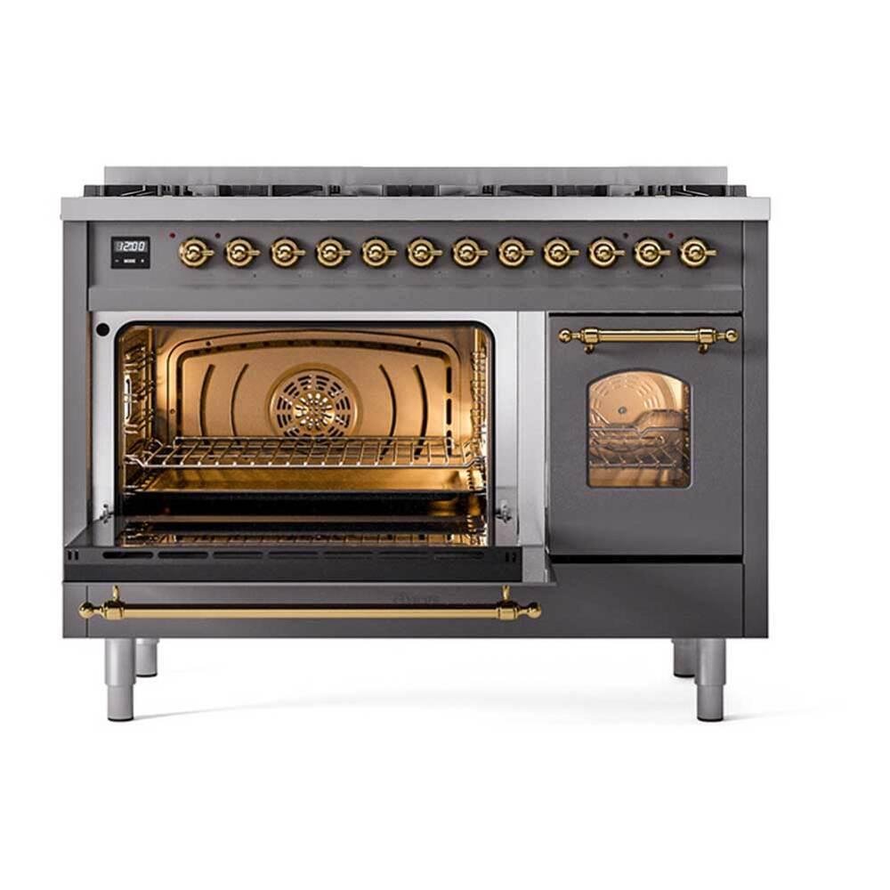 Ilve UP488NMPMGG Ilve Up488Nmpmgg Nostalgie Ii 48 Inch Dual Fuel Range With 8 Total Black Brass Sealed Burners, Brass Trim (Limited Edition) (Natural Gas, Graphite Matte)
