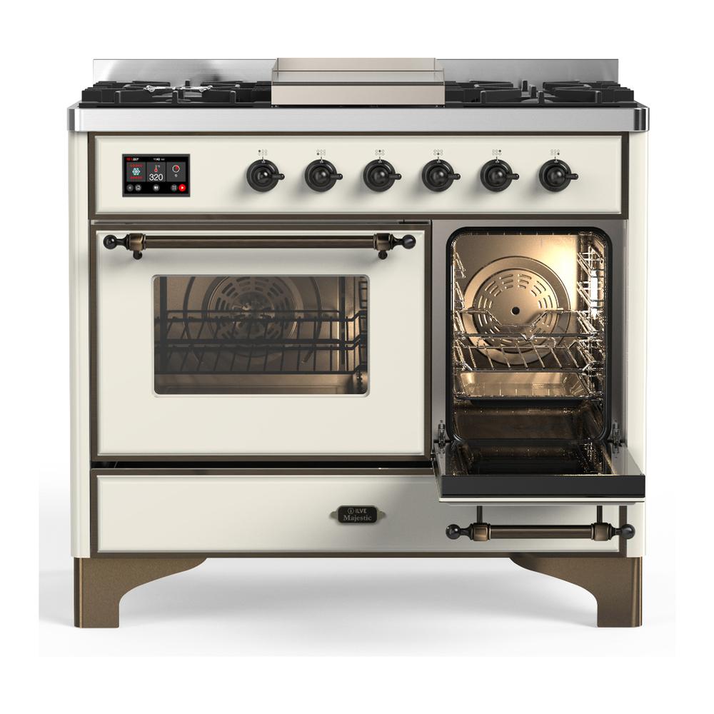 Ilve UMD40FNR3AWBLP Ilve Umd40Fnr3Awblp Majestic Iii 40 Inch Dual Fuel Range With 6 Burners And Griddle, Dual Function Burner Up To 25,000 Btu (Liquid Propane, Triple Glass Door, Antique White, Burnished)