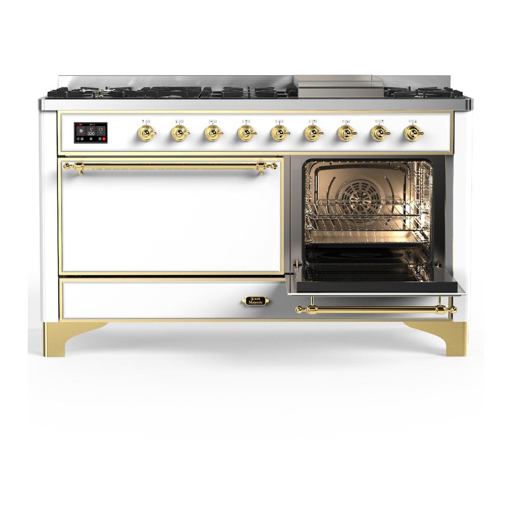 Ilve UM60FQNR3WHG Ilve Um60Fqnr3Whg Majestic Iii 60 Inch Dual Fuel Range With 9 Burners And Griddle, Dual Function Burner Up To 25,000 Btu (Natural Gas, Solid Door, White, Brass)