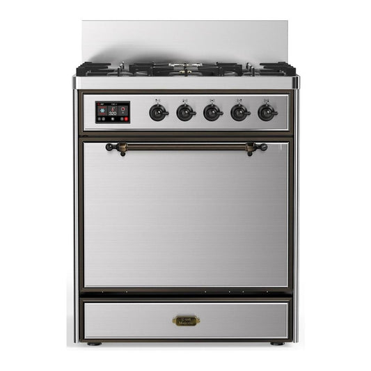 Ilve UM30QNR3SSB Ilve Um30Qnr3Ssb Majestic Iii 30 Inch Dual Fuel Range With 5 Black Brass Burners, Dual Function Burner Up To 25,000 Btu (Natural Gas, Solid Door, Stainless Steel, Burnished)