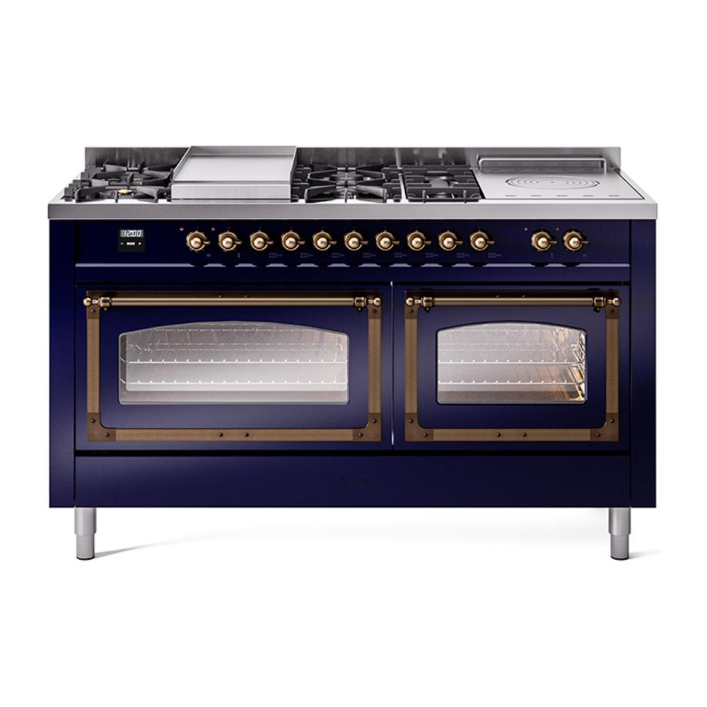Ilve UN60FSNMPMBB Ilve Un60Fsnmpmbb Nostalgie Ii Noblesse 60" Dual Fuel Range (7 Sealed Burners + Griddle + French Top, Natural Gas, Triple Glass Door, Midnight Blue, Burnished)