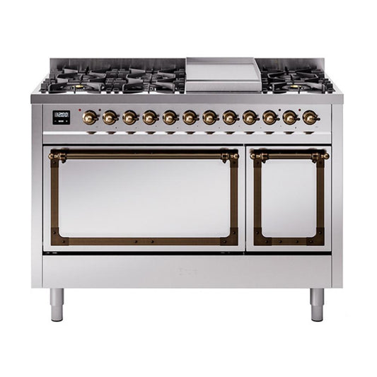 Ilve UN48FQNMPSSBLP Ilve Un48Fqnmpssblp Nostalgie Ii Noblesse 48" Dual Fuel Range (8 Sealed Burners + Griddle, Liquid Propane, Solid Door, Stainless Steel, Burnished)