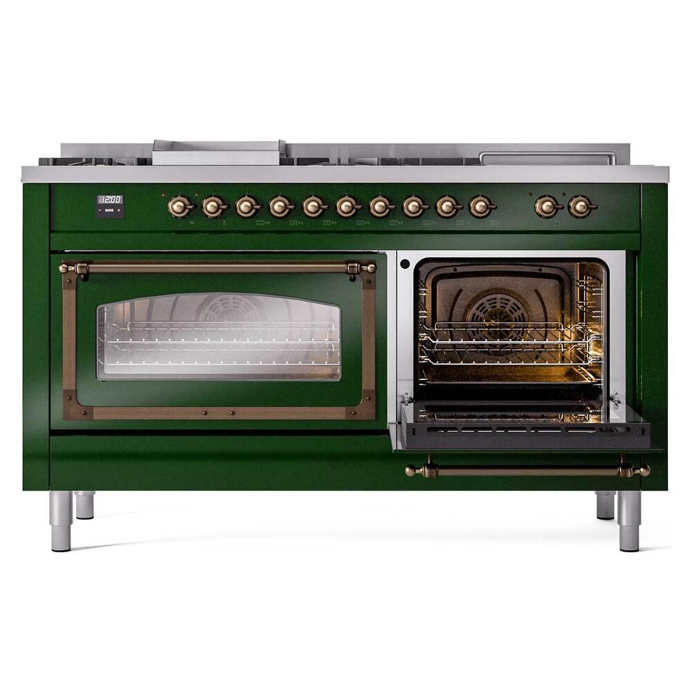Ilve UN60FSNMPEGB Ilve Un60Fsnmpegb Nostalgie Ii Noblesse 60" Dual Fuel Range (7 Sealed Burners + Griddle + French Top, Natural Gas, Triple Glass Door, Emerald Green, Burnished)