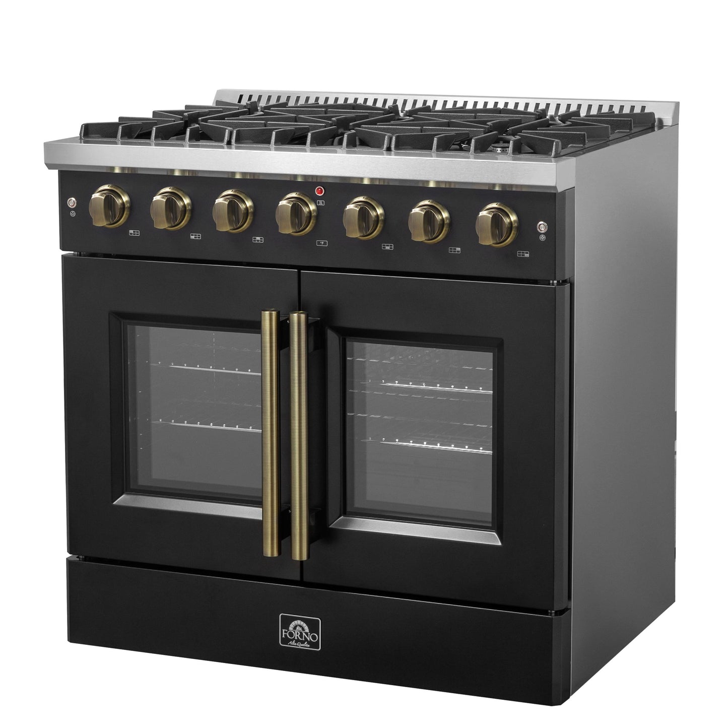 Forno FFSGS644436BLK Forno Galiano 36-Inch French Door Gas Range Black And Antique Brass Design, 6 Sealed Burners 83,000 Btu, 5.36 Cu.Ft. Convection Oven