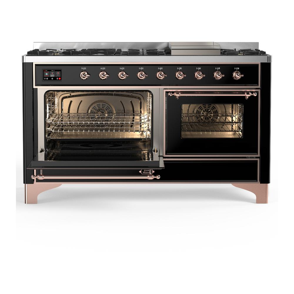Ilve UM60FNR3BKPLP Ilve Um60Fnr3Bkplp Majestic Iii 60 Inch Dual Fuel Range With 9 Burners And Griddle, Dual Function Burner Up To 25,000 Btu (Liquid Propane, Triple Glass Door, Glossy Black, Copper)