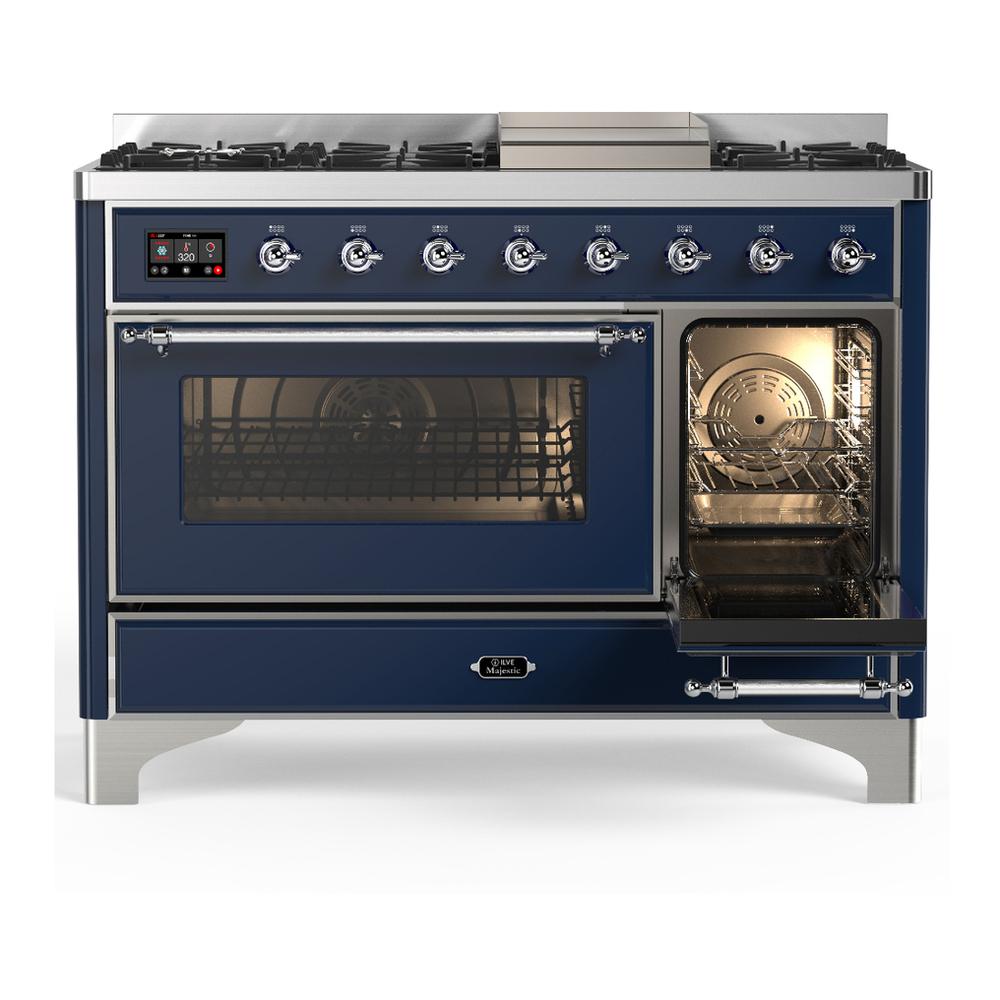 Ilve UM48FNR3MBCLP Ilve Um48Fnr3Mbclp Majestic Iii 48 Inch Dual Fuel Range With 8 Burners And Griddle, Dual Function Burner Up To 25,000 Btu (Liquid Propane, Triple Glass Door, Midnight Blue, Chrome)