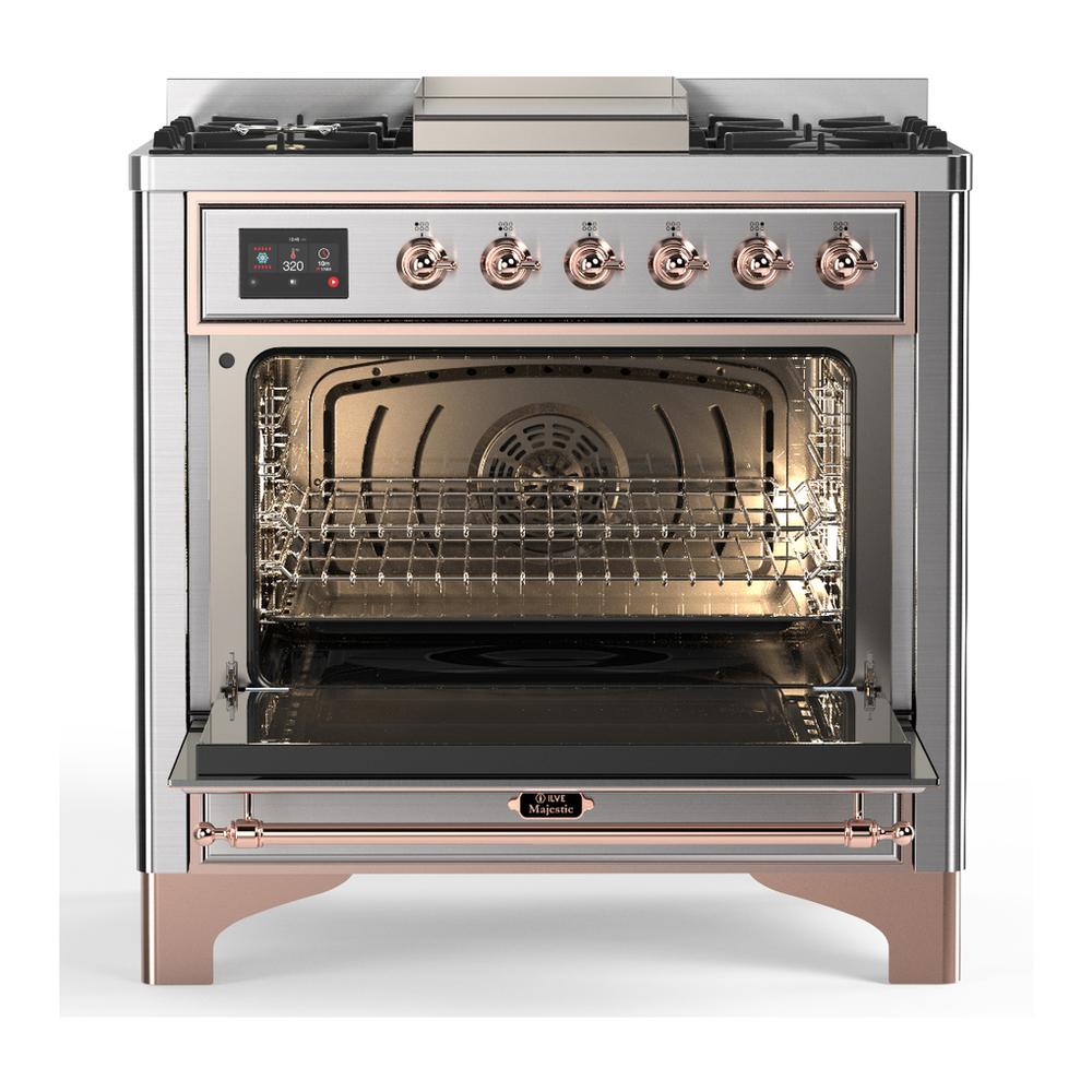 Ilve UM36FQNR3SSPLP Ilve Um36Fqnr3Ssplp Majestic Iii 36 Inch Dual Fuel Range With 6 Black Brass Burners And Griddle, Dual Function Burner Up To 25,000 Btu (Solid Door, Stainless Steel, Copper, Liquid Propane)