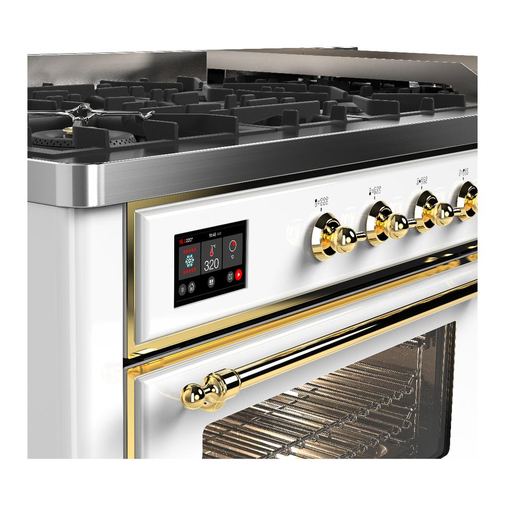 Ilve UM60FNR3WHG Ilve Um60Fnr3Whg Majestic Iii 60 Inch Dual Fuel Range With 9 Burners And Griddle, Dual Function Burner Up To 25,000 Btu (Natural Gas, Triple Glass Door, White, Brass)
