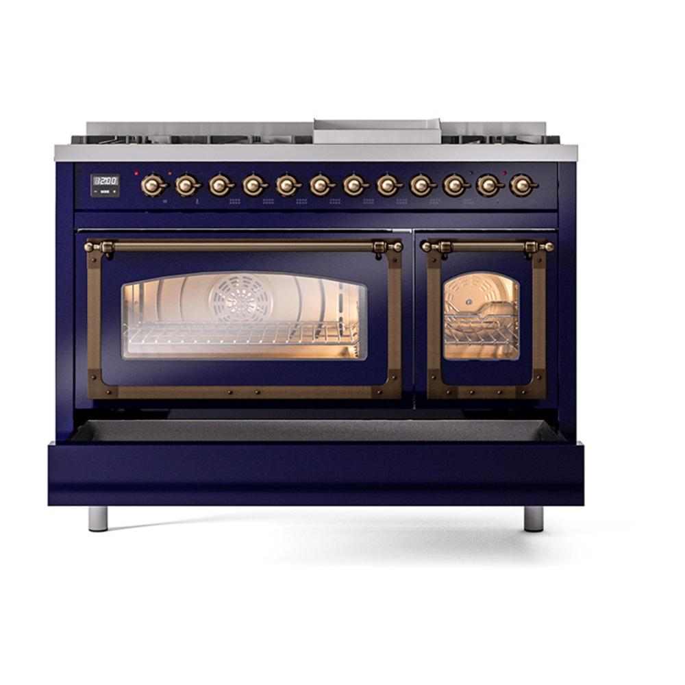 Ilve UN48FNMPMBBLP Ilve Un48Fnmpmbblp Nostalgie Ii Noblesse 48" Dual Fuel Range (8 Sealed Burners + Griddle, Liquid Propane, Triple Glass Door, Midnight Blue, Burnished)