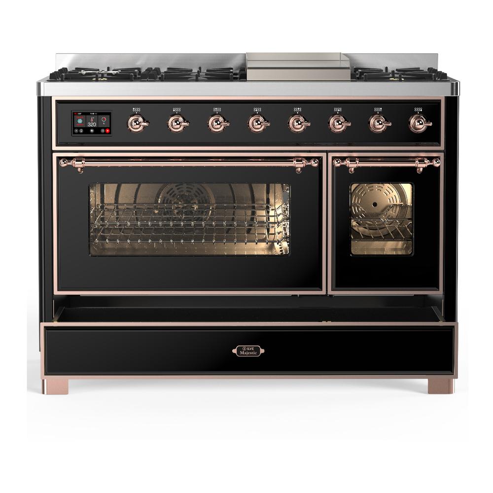 Ilve UM48FNR3BKP Ilve Um48Fnr3Bkp Majestic Iii 48 Inch Dual Fuel Range With 8 Burners And Griddle, Dual Function Burner Up To 25,000 Btu (Natural Gas, Triple Glass Door, Glossy Black, Copper)