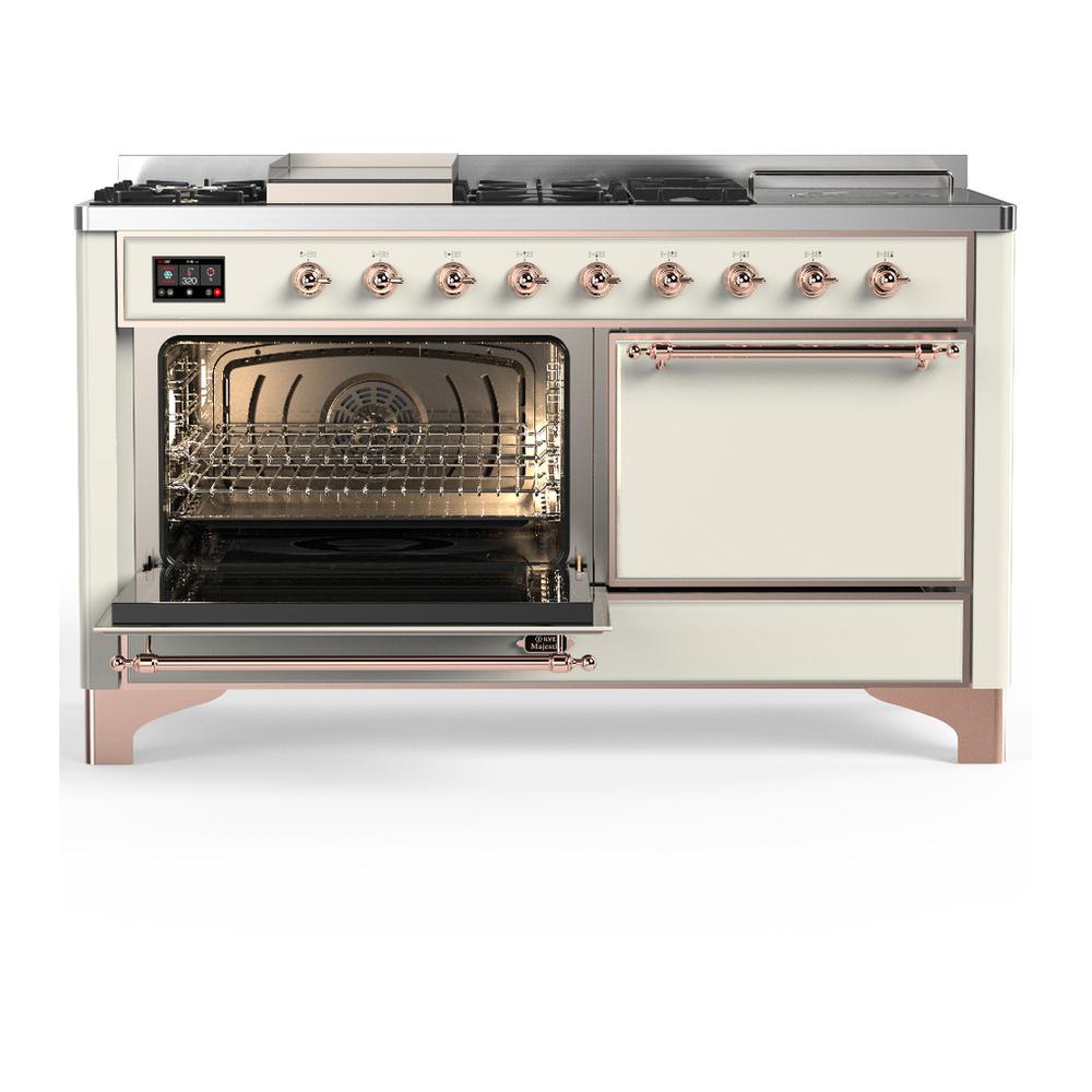 Ilve UM60FSQNR3AWP Ilve Um60Fsqnr3Awp Majestic Iii 60 Inch Dual Fuel Range With 7 Burners, Griddle And French Top, Dual Function Burner With Up To 25,000 Btu (Natural Gas, Solid Door, Antique White, Copper)