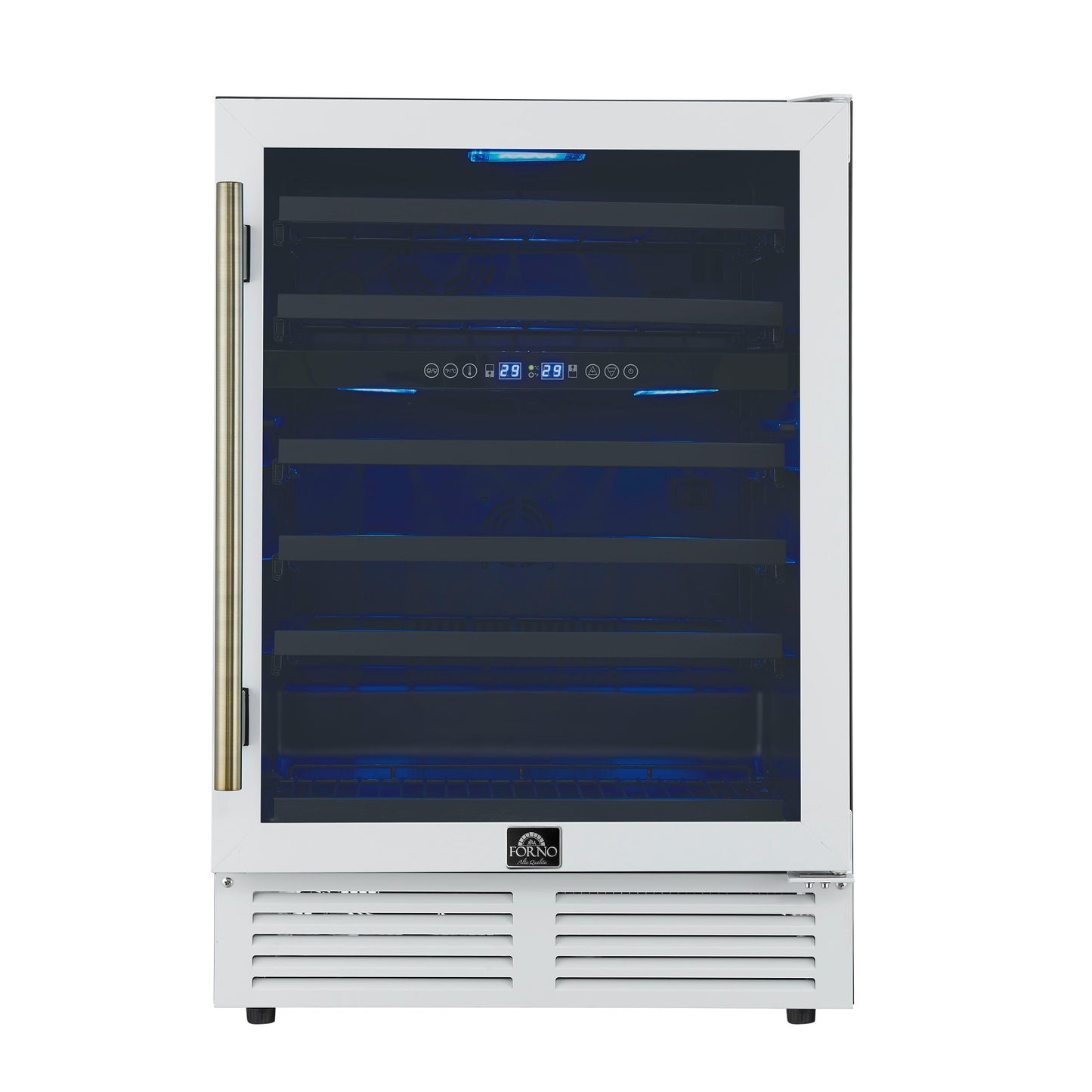 Forno FWCDR663424WHT Forno Bacchino 24 Inch Wine Cooler, White With Antique Brass Handles, With Led Lighting, Triple Glass Door, 51 Bottle Capacity, Built-In Or Freestanding
