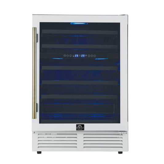 Forno FWCDR663424WHT Forno Bacchino 24 Inch Wine Cooler, White With Antique Brass Handles, With Led Lighting, Triple Glass Door, 51 Bottle Capacity, Built-In Or Freestanding