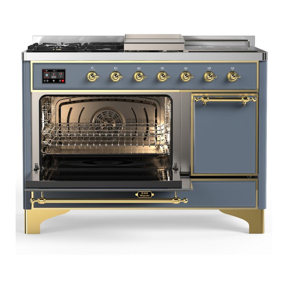 Ilve UM48FSQNR3BGG Ilve Um48Fsqnr3Bgg Majestic Iii 48 Inch Dual Fuel Range With 5 Black Brass Burners, Griddle And French Top, Dual Function Burner Up To 25,000 Btu (Natural Gas, Solid Door, Blue Grey, Brass)