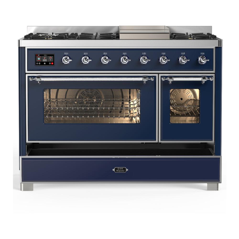 Ilve UM48FNR3MBCLP Ilve Um48Fnr3Mbclp Majestic Iii 48 Inch Dual Fuel Range With 8 Burners And Griddle, Dual Function Burner Up To 25,000 Btu (Liquid Propane, Triple Glass Door, Midnight Blue, Chrome)