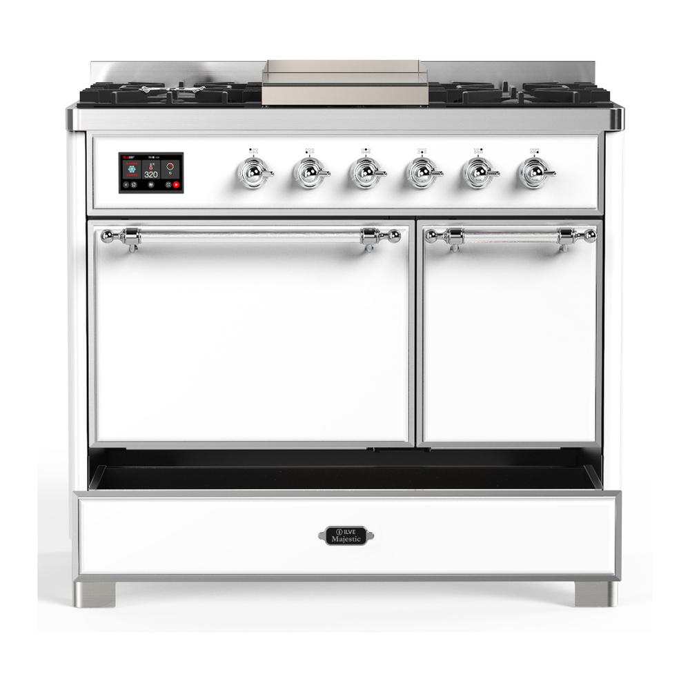 Ilve UMD40FQNR3WHC Ilve Umd40Fqnr3Whc Majestic Iii 40 Inch Dual Fuel Range With 6 Burners And Griddle, Dual Function Burner Up To 25,000 Btu (Natural Gas, Solid Door, White, Chrome)