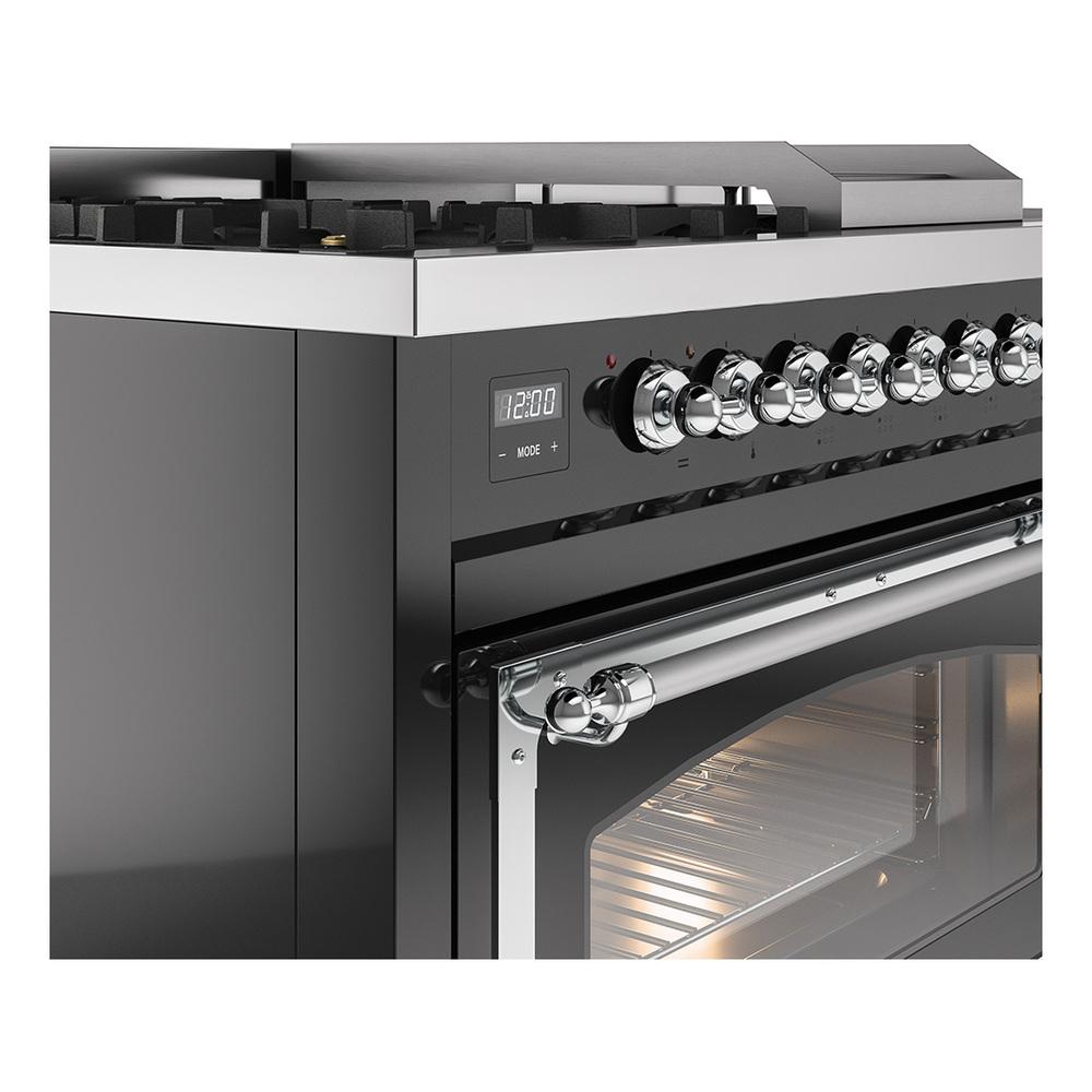 Ilve UN48FSNMPBKCLP Ilve Un48Fsnmpbkclp Nostalgie Ii Noblesse 48" Dual Fuel Range (5 Sealed Burners + Griddle + French Top, Liquid Propane, Triple Glass Door, Glossy Black, Chrome)