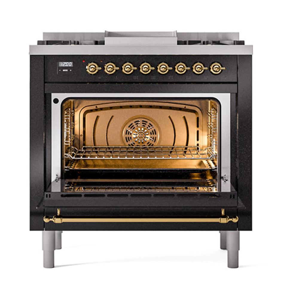 Ilve UN36FQNMPBKG Ilve Un36Fqnmpbkg Nostalgie Ii Noblesse 36" Dual Fuel Range (Natural Gas, Solid Door, Glossy Black, Brass)