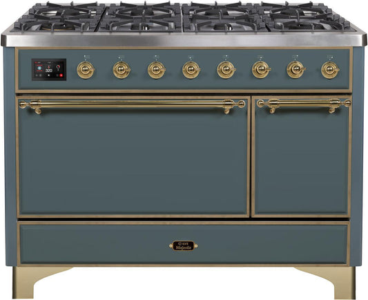 Ilve UM12FDQNS3BGG Majestic Ii 48 Inch Dual Fuel Natural Gas Freestanding Range In Blue Grey With Brass Trim