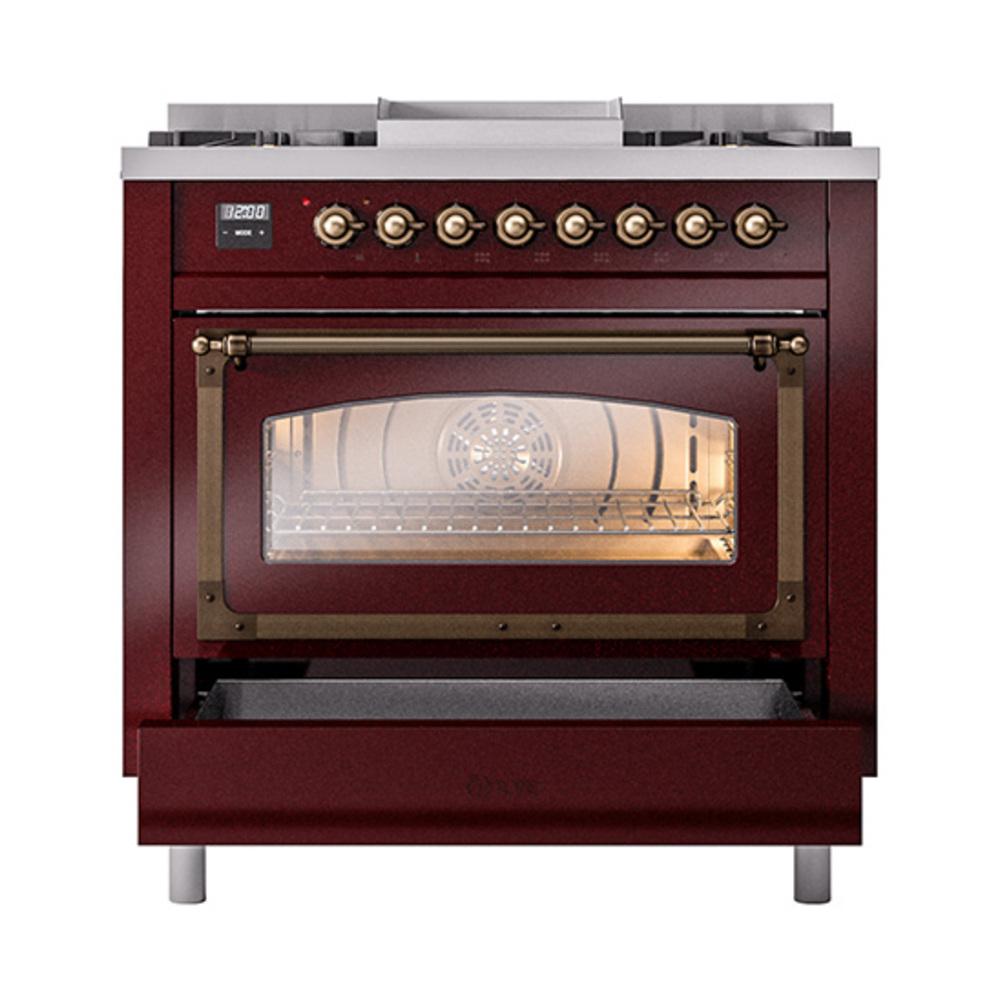 Ilve UN36FNMPBUBLP Ilve Un36Fnmpbublp Nostalgie Ii Noblesse 36" Dual Fuel Range (Liquid Propane, Triple Glass Door, Burgundy, Burnished)