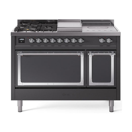 Ilve UN48FSQNMPMGC Ilve Un48Fsqnmpmgc Nostalgie Ii Noblesse 48" Dual Fuel Range (5 Sealed Burners + Griddle + French Top, Natural Gas, Solid Door, Graphite Matte, Chrome)