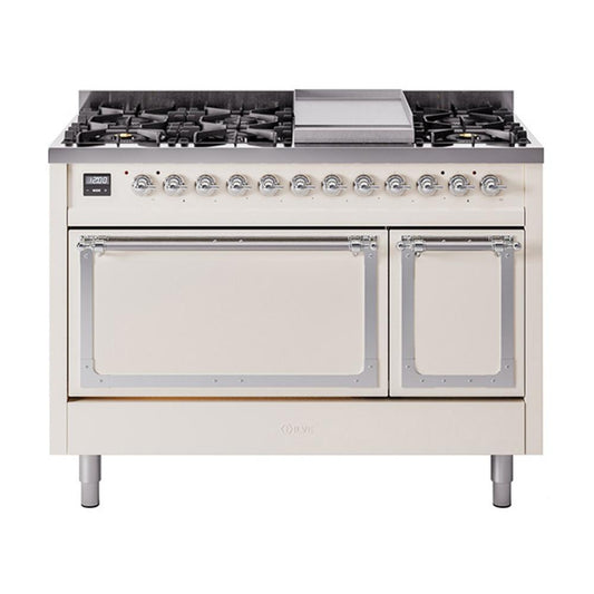 Ilve UN48FQNMPAWCLP Ilve Un48Fqnmpawclp Nostalgie Ii Noblesse 48" Dual Fuel Range (8 Sealed Burners + Griddle, Liquid Propane, Solid Door, Antique White, Chrome)