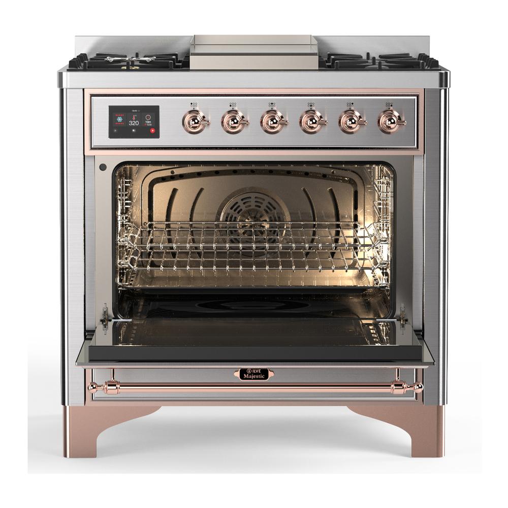Ilve UM36FNR3SSPLP Ilve Um36Fnr3Ssplp Majestic Iii 36 Inch Dual Fuel Range With 6 Black Brass Burners And Griddle, Dual Function Burner Up To 25,000 Btu (Triple Glass Door, Stainless Steel, Copper, Liquid Propane)
