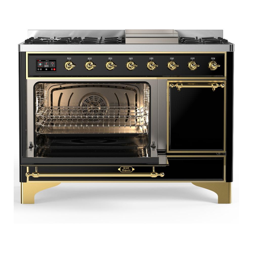 Ilve UM48FQNR3BKG Ilve Um48Fqnr3Bkg Majestic Iii 48 Inch Dual Fuel Range With 8 Burners And Griddle, Dual Function Burner Up To 25,000 Btu (Natural Gas, Solid Door, Glossy Black, Brass)