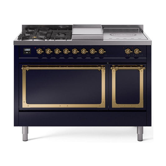 Ilve UN48FSQNMPMBG Ilve Un48Fsqnmpmbg Nostalgie Ii Noblesse 48" Dual Fuel Range (5 Sealed Burners + Griddle + French Top, Natural Gas, Solid Door, Midnight Blue, Brass)