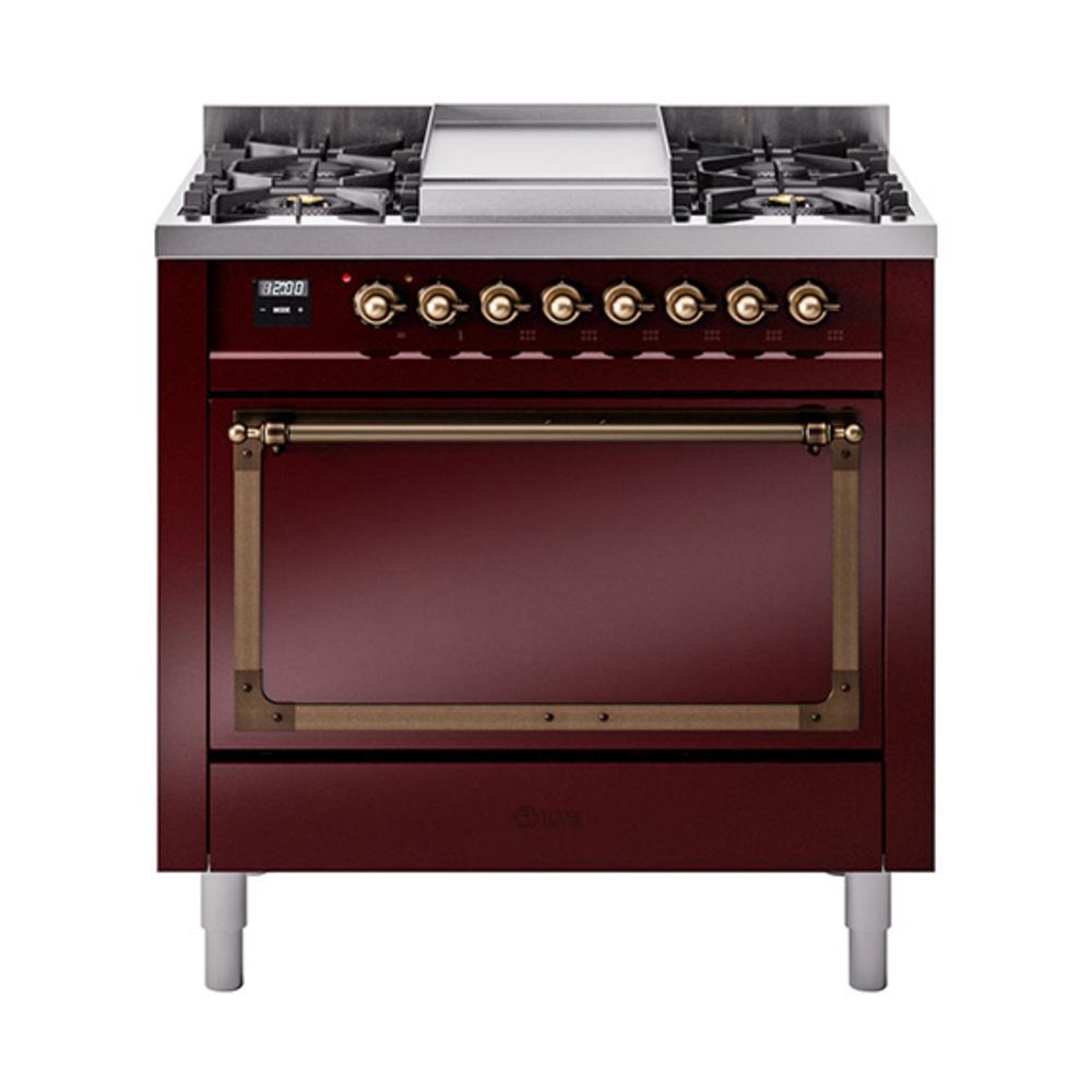 Ilve UN36FQNMPBUB Ilve Un36Fqnmpbub Nostalgie Ii Noblesse 36" Dual Fuel Range (Natural Gas, Solid Door, Burgundy, Burnished)