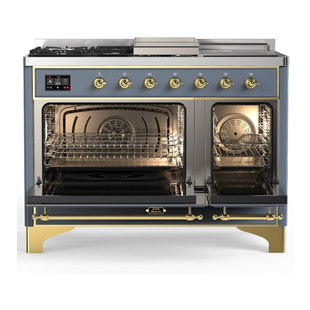 Ilve UM48FSQNR3BGGLP Ilve Um48Fsqnr3Bgglp Majestic Iii 48 Inch Dual Fuel Range With 5 Black Brass Burners, Griddle And French Top, Dual Function Burner Up To 25,000 Btu (Liquid Propane, Solid Door, Blue Grey, Brass)