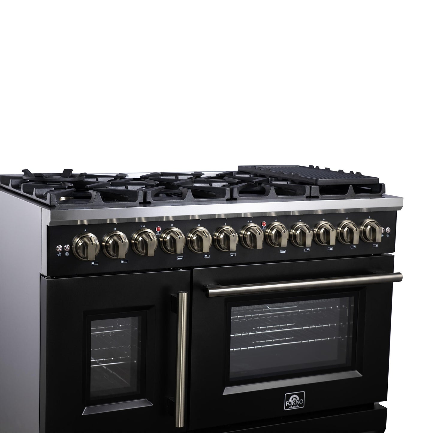 Forno FFSGS638748BLK Forno Capriasca 48 Inch Freestanding French Door Dual Fuel Range In Black With Antique Brass Accessories, 8 Burners, True Convection Oven