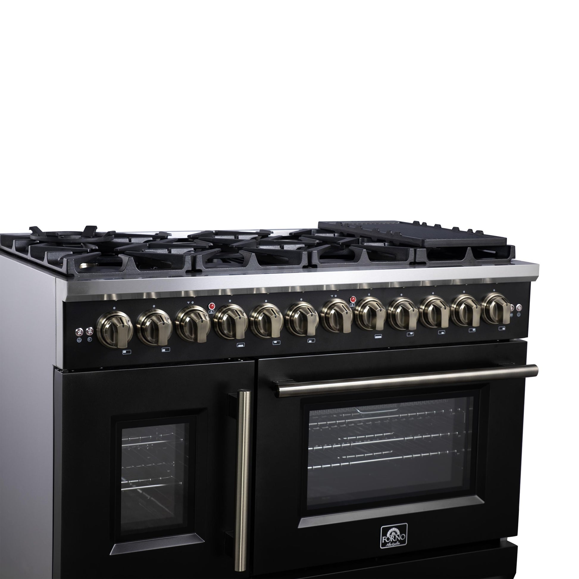 Forno FFSGS638748BLK Forno Capriasca 48 Inch Freestanding French Door Dual Fuel Range In Black With Antique Brass Accessories, 8 Burners, True Convection Oven