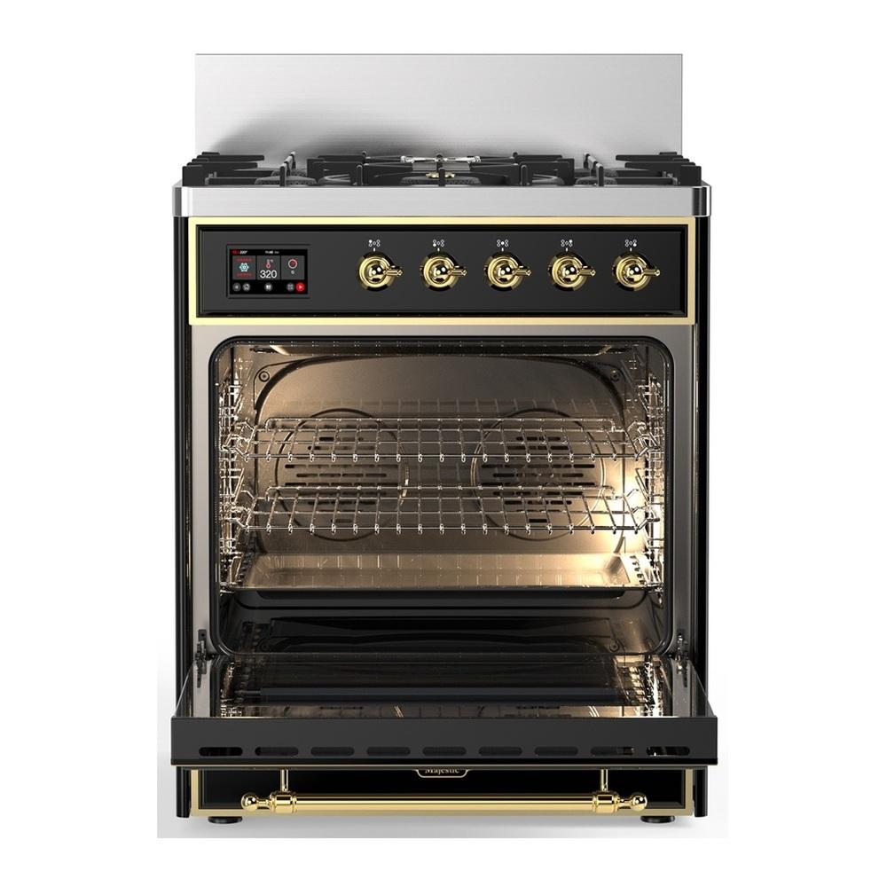 Ilve UM30QNR3BKGLP Ilve Um30Qnr3Bkglp Majestic Iii 30 Inch Dual Fuel Range With 5 Black Brass Burners, Dual Function Burner Up To 25,000 Btu (Liquid Propane, Solid Door, Glossy Black, Brass)