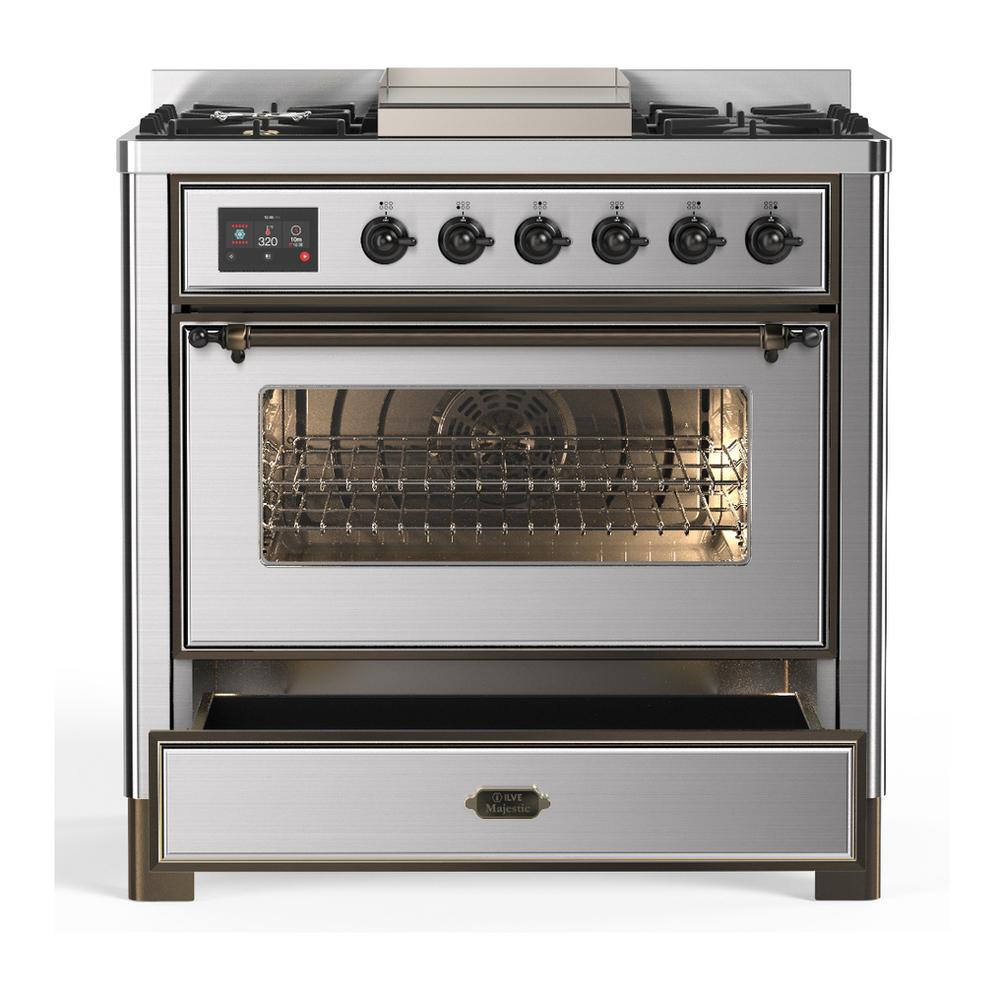 Ilve UM36FNR3SSB Ilve Um36Fnr3Ssb Majestic Iii 36 Inch Dual Fuel Range With 6 Black Brass Burners And Griddle, Dual Function Burner Up To 25,000 Btu (Triple Glass Door, Stainless Steel, Burnished, Natural Gas)