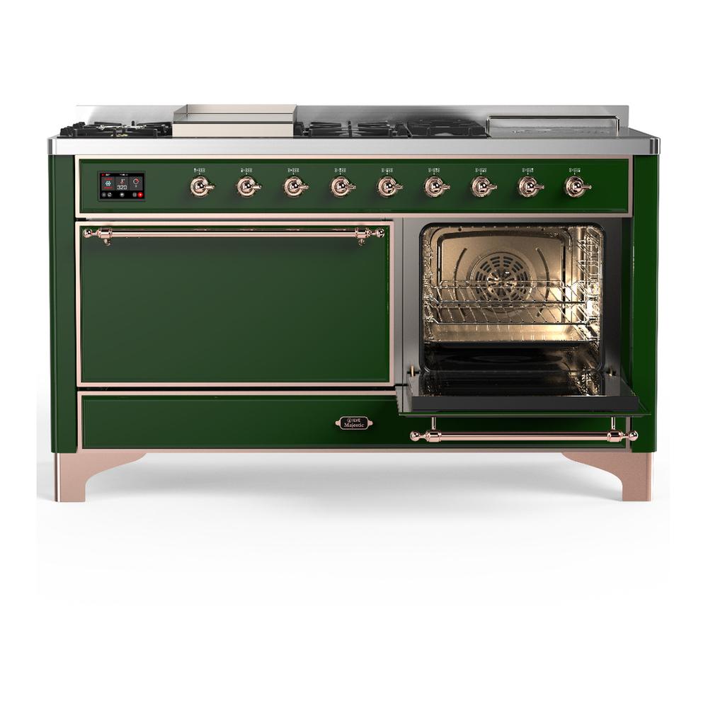 Ilve UM60FSQNR3EGP Ilve Um60Fsqnr3Egp Majestic Iii 60 Inch Dual Fuel Range With 7 Burners, Griddle And French Top, Dual Function Burner With Up To 25,000 Btu (Natural Gas, Solid Door, Emerald Green, Copper)