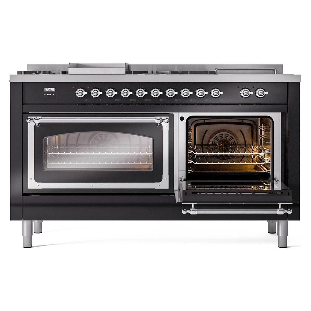 Ilve UN60FSNMPBKC Ilve Un60Fsnmpbkc Nostalgie Ii Noblesse 60" Dual Fuel Range (7 Sealed Burners + Griddle + French Top, Natural Gas, Triple Glass Door, Glossy Black, Chrome)
