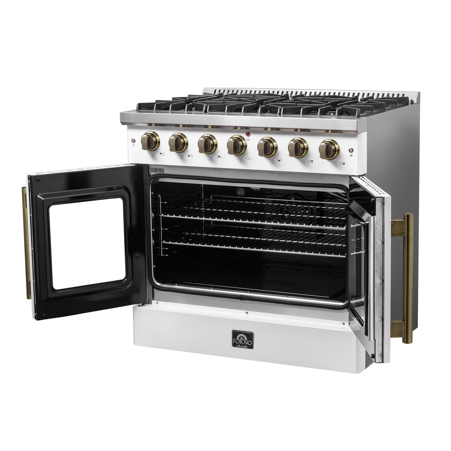 Forno FFSGS644436WHT Forno Galiano 36-Inch French Door Gas Range White And Antique Brass Design, 6 Sealed Burners 83,000 Btu, 5.36 Cu.Ft. Convection Oven