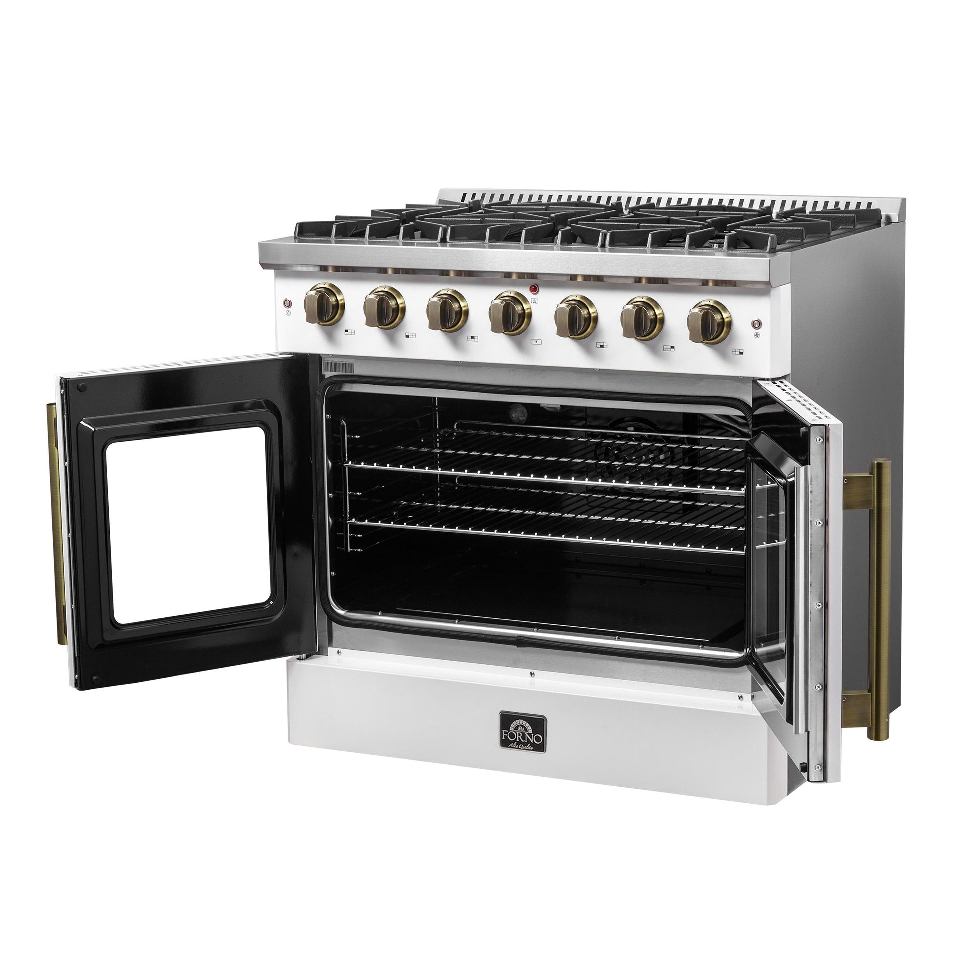 Forno FFSGS644436WHT Forno Galiano 36-Inch French Door Gas Range White And Antique Brass Design, 6 Sealed Burners 83,000 Btu, 5.36 Cu.Ft. Convection Oven