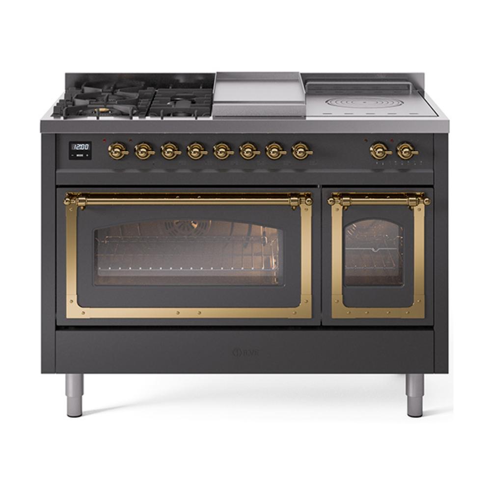 Ilve UN48FSNMPMGGLP Ilve Un48Fsnmpmgglp Nostalgie Ii Noblesse 48" Dual Fuel Range (5 Sealed Burners + Griddle + French Top, Liquid Propane, Triple Glass Door, Graphite Matte, Brass)