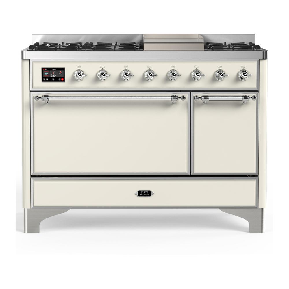 Ilve UM48FQNR3AWCLP Ilve Um48Fqnr3Awclp Majestic Iii 48 Inch Dual Fuel Range With 8 Burners And Griddle, Dual Function Burner Up To 25,000 Btu (Liquid Propane, Solid Door, Antique White, Chrome)